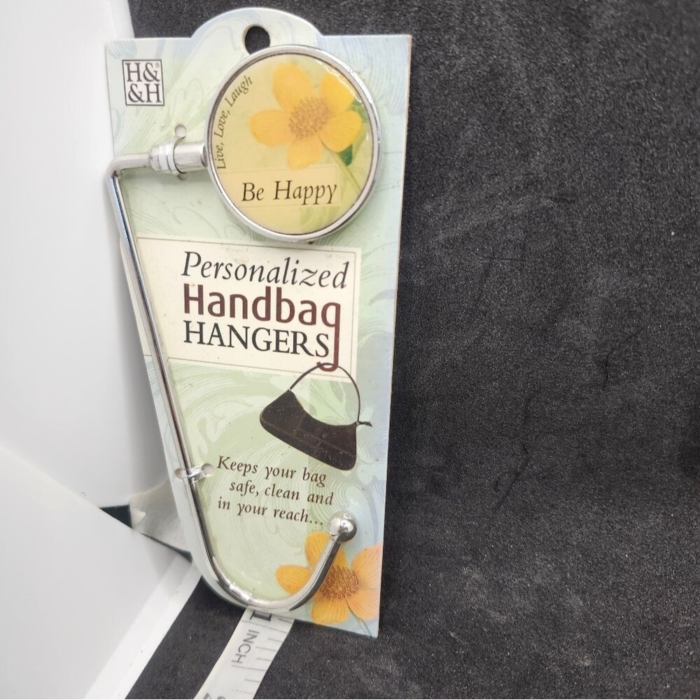 H&H “Be Happy” Personalized Handbag Hanger – Decorative Purse Hook with Flower